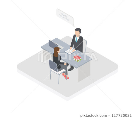 Businesspeople negotiation or interview at office. Productive partnership concept. Constructive Business Confrontation isometric vector illustration Businesspeople negotiation or interview at office. Productive partnership concept. Constructive Business Confrontation isometric vector illustration 117720021