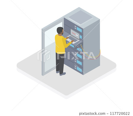 Data center isometric illustration. Data center worker with servers. Data storage concept. 117720022