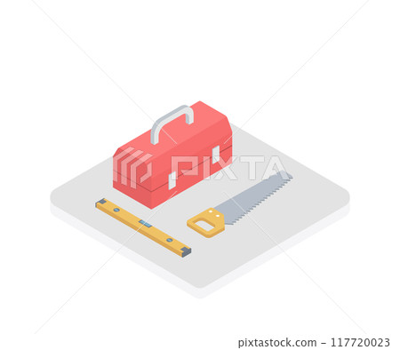 Isometric portable tool box next to wrench and screwdriver, in color on white background, work tool Isometric portable tool box next to wrench and screwdriver, in color on white background, work tool 117720023