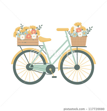 Retro bicycle with colorful flowers in crate and basket. Hand drawn bike on white background. Illustration in flat style. 117720080