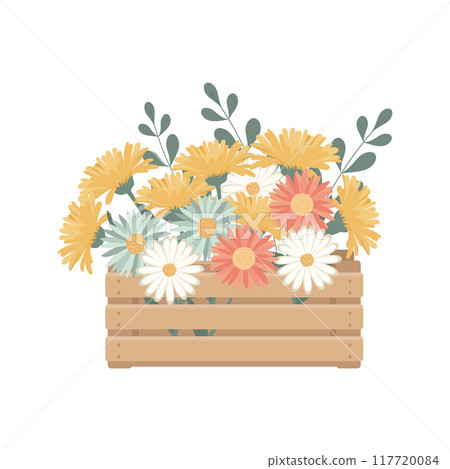 Wooden box with spring flowers. Pastel colors. Greeting card, cute illustration Wooden box with spring flowers. Pastel colors. Greeting card, cute illustration 117720084