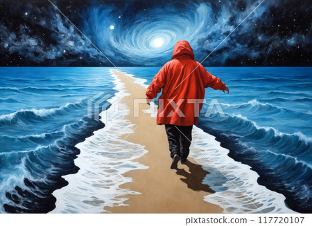A lonely journey into the interior of oneself, a person dressed in a red coat walks along a sand path through the middle of the cosmic ocean. In the background a starry sky. 117720107