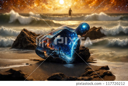 A lonely journey into the inner self, a man walks into the depths of the sea during sunset. A journey to the source through the cosmic ocean. A cosmic cornerstone in the foreground 117720212
