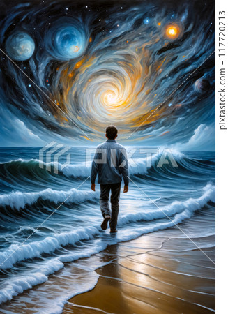 A lonely journey into the interior of oneself, a man walks along a beach through the middle of the cosmic ocean. In the background a starry sky. 117720213