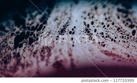 Fizzy fluid texture. Acid liquid. Defocused blue pink color oil emulsion leak puddle slick on dark black light flare abstract art background. 117720309