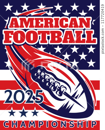 Colored advertising poster template on the theme of American football with ball on flag background Colored advertising poster template on the theme of American football with ball on flag background 117720419