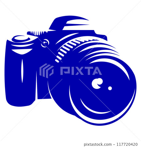 Vector monochrome template with digital camera on white background 117720420