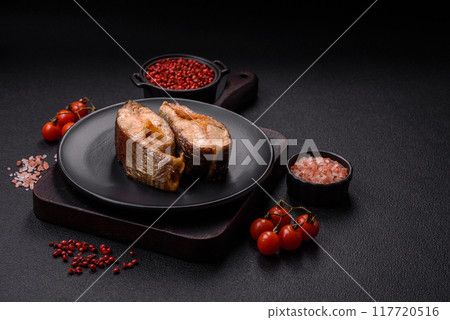 Delicious red salmon r trout fish grilled with spices and herbs 117720516