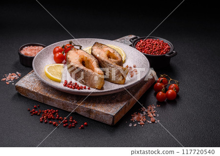 Delicious red salmon r trout fish grilled with spices and herbs 117720540