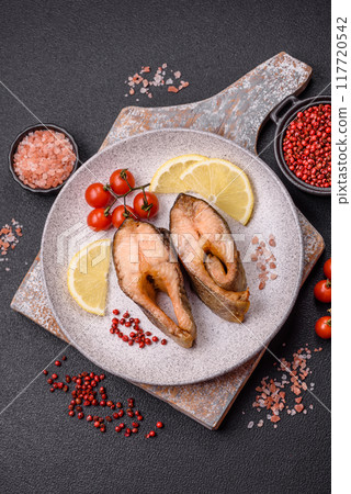 Delicious red salmon r trout fish grilled with spices and herbs 117720542