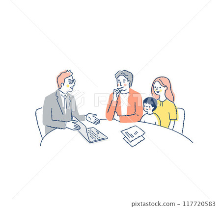 一位商人為正在向客戶諮詢的年輕家庭提供服務 117720583