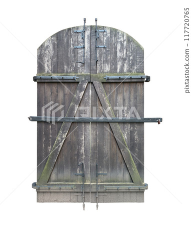 Old wooden rustic door isolated on white background 117720765