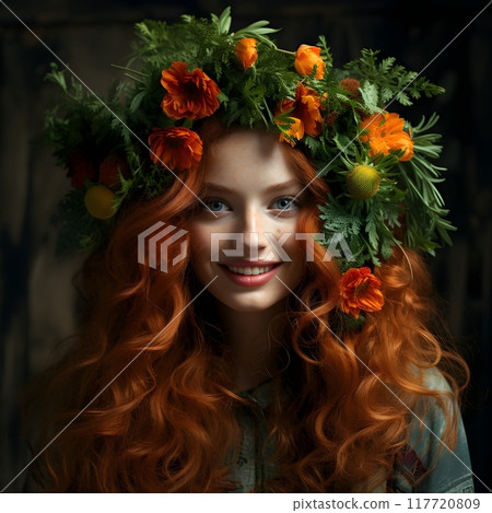 A young girl with curly red hair and a flower crown smiling warmly, showcasing a harmonious blend of innocence and natural beauty. 117720809