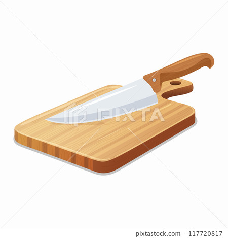 Flat Vector Wooden Cutting Board with Kitchen Knife Icon. Cutting Board and Knife Design Template. Chopping Board with Knife Isolated on White Background Flat Vector Wooden Cutting Board with Kitchen Knife Icon. Cutting Board and Knife Design Template. Chopping Board with Knife Isolated on White Background 117720817