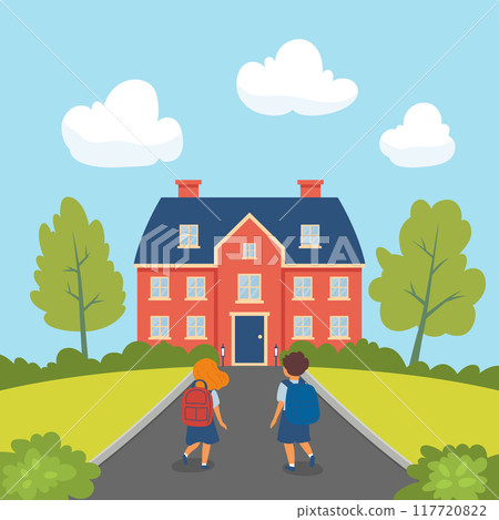 Back to School Background. Two Cartoon Kids with Backpacks Walking Towards School Building. Colorful Flat Style Design with Text. Education, Learning, School Theme Design Template. Vector Illustration 117720822