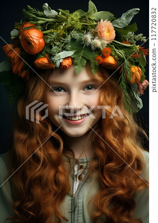 A young girl with curly red hair and a flower crown smiling warmly, showcasing a harmonious blend of innocence and natural beauty. 117720832