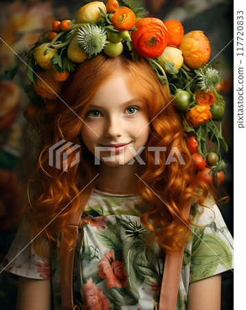 A young girl with curly red hair and a flower crown smiling warmly, showcasing a harmonious blend of innocence and natural beauty. 117720833