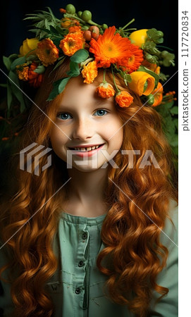 A young girl with curly red hair and a flower crown smiling warmly, showcasing a harmonious blend of innocence and natural beauty. 117720834