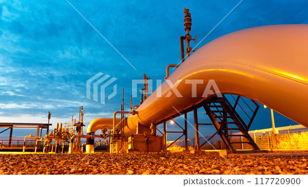 View of the natural gas pipeline exiting the ground to the receiving and starting chamber of the cleaning device, piston, pig 117720900