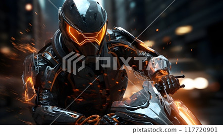 A futuristic motorcyclist in sleek, glowing armor races through a neon-lit cityscape, sparks flying as he speeds by, creating a dynamic and intense scene. 117720901