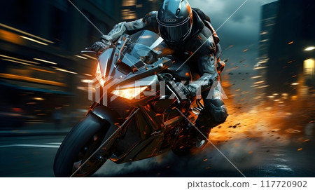 A futuristic motorcyclist in sleek, glowing armor races through a neon-lit cityscape, sparks flying as he speeds by, creating a dynamic and intense scene. 117720902