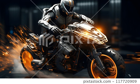 A futuristic motorcyclist in sleek, glowing armor races through a neon-lit cityscape, sparks flying as he speeds by, creating a dynamic and intense scene. A futuristic motorcyclist in sleek, glowing armor races through a neon-lit cityscape, sparks flying as he speeds by, creating a dynamic and intense scene. 117720909