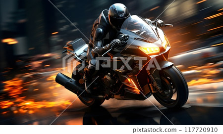 A futuristic motorcyclist in sleek, glowing armor races through a neon-lit cityscape, sparks flying as he speeds by, creating a dynamic and intense scene. A futuristic motorcyclist in sleek, glowing armor races through a neon-lit cityscape, sparks flying as he speeds by, creating a dynamic and intense scene. 117720910