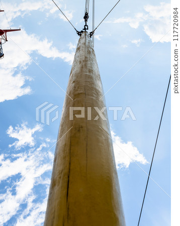 bottom view of yellow mast of ship bottom view of yellow mast of ship 117720984