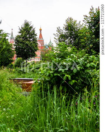 overgrown green park and Kremlin towers in summer 117721060