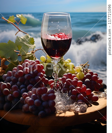 A glass of red wine sits on a sandy beach alongside bunches of grapes, with the ocean waves gently crashing in the background. This scene captures a tranquil and refreshing seaside moment, ideal for u A glass of red wine sits on a sandy beach alongside bunches of grapes, with the ocean waves gently crashing in the background. This scene captures a tranquil and refreshing seaside moment, ideal for u 117721096