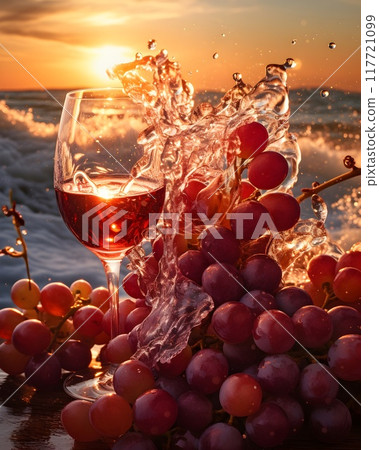 A glass of red wine sits on a sandy beach alongside bunches of grapes, with the ocean waves gently crashing in the background. This scene captures a tranquil and refreshing seaside moment, ideal for u 117721099