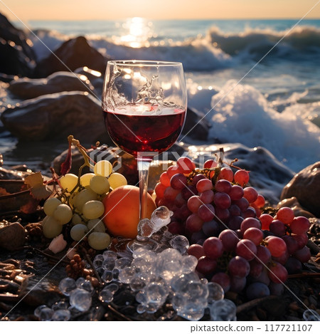 A glass of red wine sits on a sandy beach alongside bunches of grapes, with the ocean waves gently crashing in the background. This scene captures a tranquil and refreshing seaside moment, ideal for u 117721107