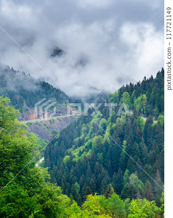 gray cloud over Old Silk Road in green mountain 117721149