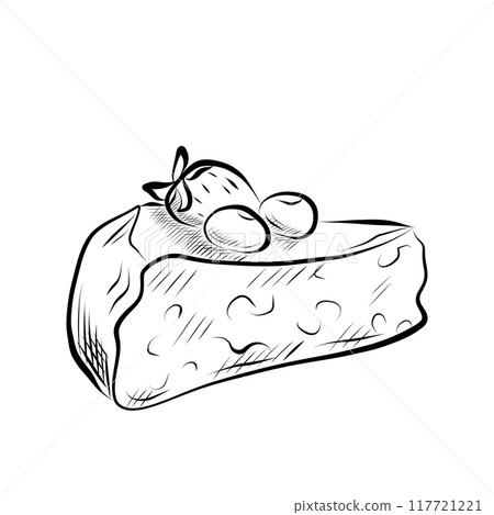 Line drawing. Line art sweets piece of cake with berries. Vector Line drawing. Line art sweets piece of cake with berries. Vector 117721221