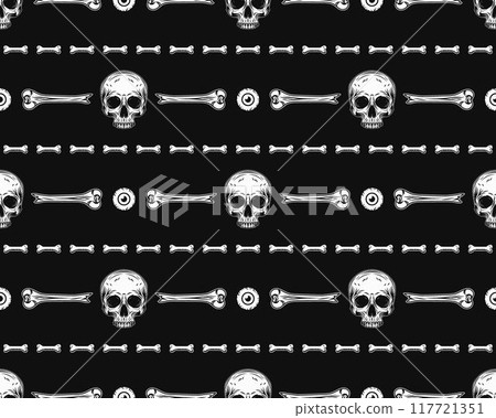 Geometric Halloween pattern with horizontal stripes with broken bones, human half skull without jaw, eyeballs on black background. 117721351
