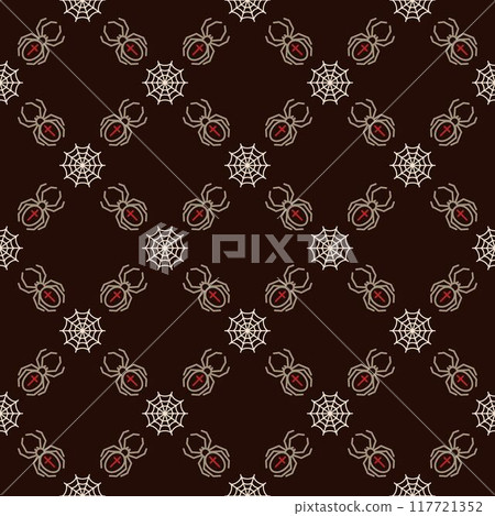 Geometric halloween pattern with square grid with icons of spider cross, spider web on dark background. Classic grid pattern. Simple outline illustrations 117721352