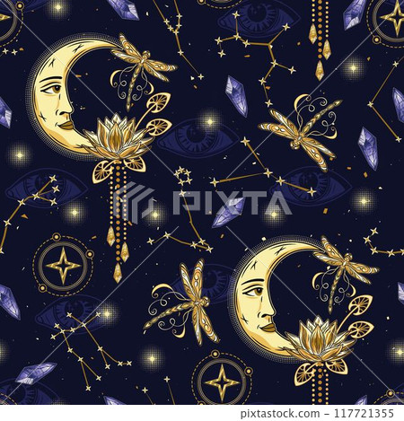 Mystic pattern with moon, zodiacal constellations, flying dragonfly, magic crystals. All seeing eye on dark blue background. Astrology, alchemy, boho, magic, mystery concept. 117721355