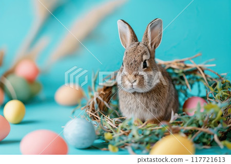 Easter bunny and colorful eggs on blue background. Happy easter. Easter bunny and colorful eggs on blue background. Happy easter. 117721613