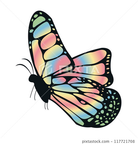 Whimsical Colorful Iridescent Rainbow Butterfly Decor. Graceful In Flight Beauty. Ethereal Wings of Splendor. Majestic Monarch Butterfly. Vector illustration Whimsical Colorful Iridescent Rainbow Butterfly Decor. Graceful In Flight Beauty. Ethereal Wings of Splendor. Majestic Monarch Butterfly. Vector illustration 117721708