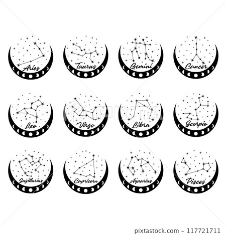 Semicircular Icons of Zodiac Constellations and Celestial Bodies Set Inspired by Astrology and Mythology. Vector illustration Semicircular Icons of Zodiac Constellations and Celestial Bodies Set Inspired by Astrology and Mythology. Vector illustration 117721711