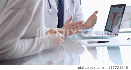 Doctor is consulting patient in modern fair clinic. Healthcare professional discusses medical information with a woman, pointing into the laptop computer monitor. Medicine concept 117721846
