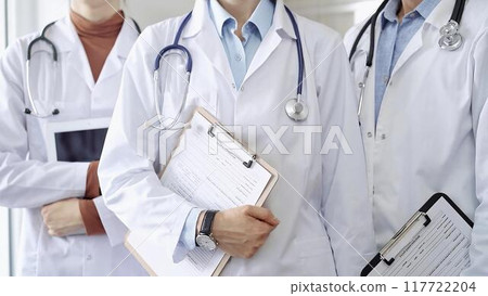 Group of doctors wearing white coats and stethoscopes standing with clipboards. Medical team at work Group of doctors wearing white coats and stethoscopes standing with clipboards. Medical team at work 117722204