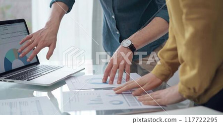Business people, professionals analyzing financial charts and data on a desk while standing and using laptop computer in office 117722295