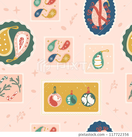Christmas baubles seamless pattern. New Yea bento box repeat background. Xmas retro stamps endless design. Vector hand drawn illustration. 117722356