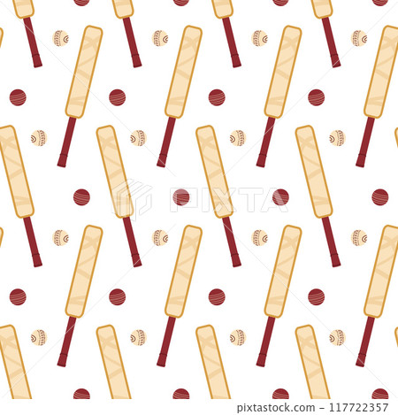 Cricket seamless pattern. Bat and ball endless background. Sport game equipment continuous ornament. Vector hand drawn illustration. 117722357