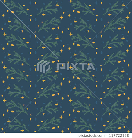 Christmas night seamless pattern. Pine branches repeat background. Tree branches and stars dark surface design endless design. Vector hand drawn illustration. Christmas night seamless pattern. Pine branches repeat background. Tree branches and stars dark surface design endless design. Vector hand drawn illustration. 117722358