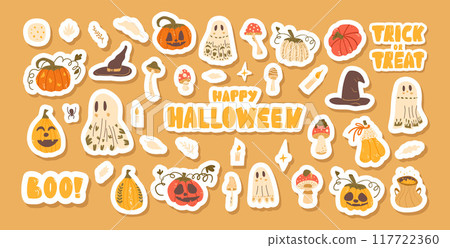 Set of Halloween stickers isolated. Pumpkins, ghosts, witch hats and lettering emblems kit. Collection of autumn festive. Vector hand drawn illustration. Set of Halloween stickers isolated. Pumpkins, ghosts, witch hats and lettering emblems kit. Collection of autumn festive. Vector hand drawn illustration. 117722360