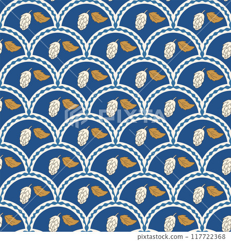 Hop cones scallop seamless pattern. Arch repeat background. Vector illustration. 117722368