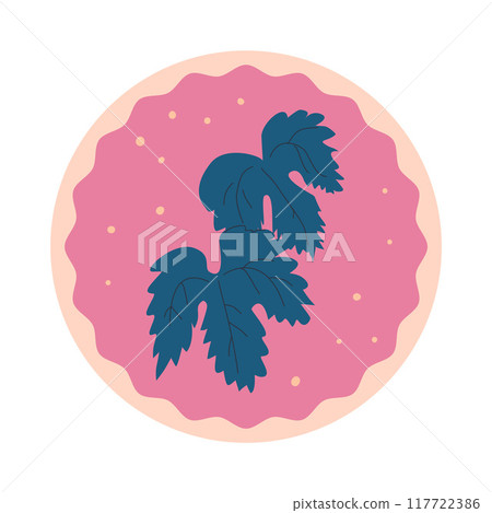 Grape leaves round emblem isolated on white background. Stylized sticker. Vector hand drawn flat illustration Grape leaves round emblem isolated on white background. Stylized sticker. Vector hand drawn flat illustration 117722386