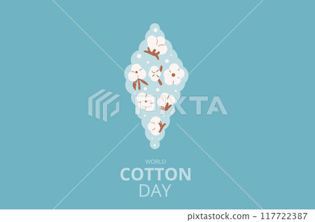 World cotton day banner template. Ripe cotton bolls emblem. Purity, innocence, and new beginnings symbols. Vector flat illustration. 117722387